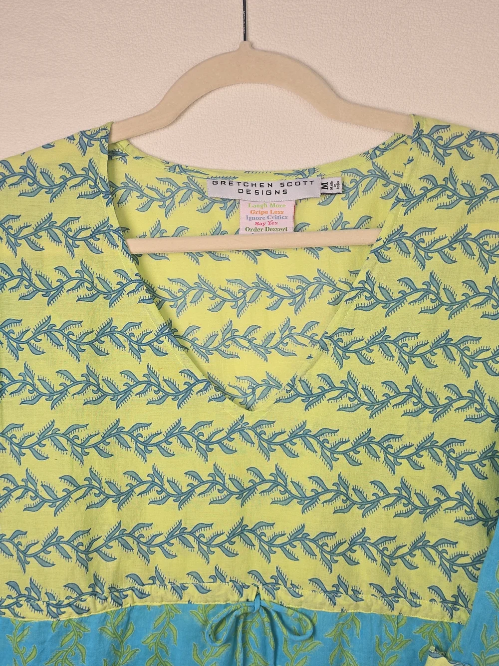 GRETCHEN SCOTT V-NECK TUNIC DRESS AQUA BLUE LIME GREEN  BOHO BEACH WOMENS MED - Picture 2 of 10